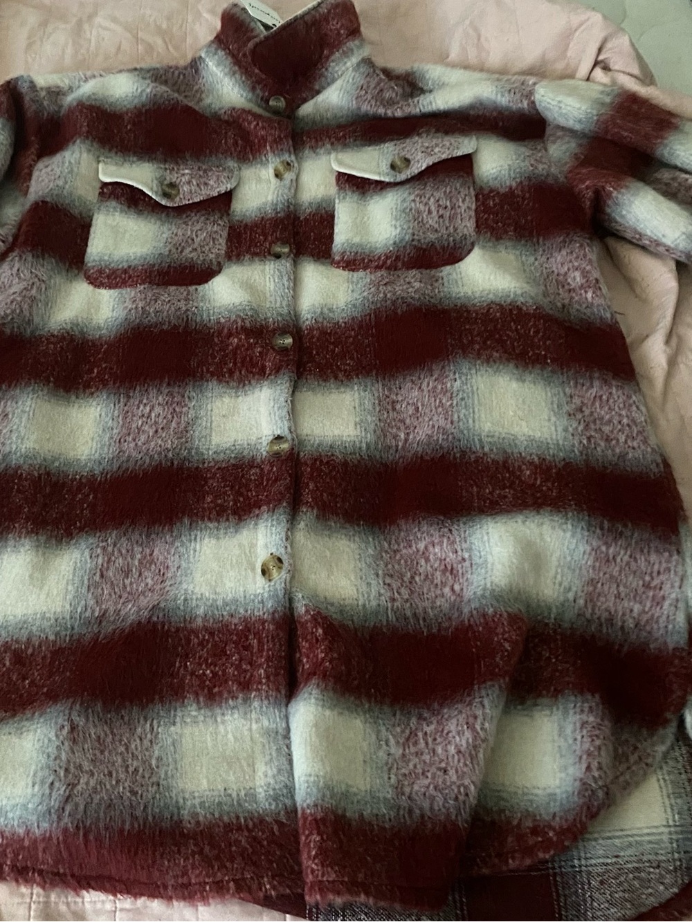 Woman’s Burgundy and White Plaid Button-Up Shirt Jacket